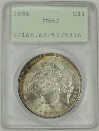 1886 - P $1 Morgan Silver Dollar Pcgs Ms63 Ogh (rattler) Crescent Rainbow Toning