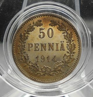 Unc Finland/russia 50 Pennia 1914 Emperor Nikolai Ii Silver Coin Stamp Shine 1