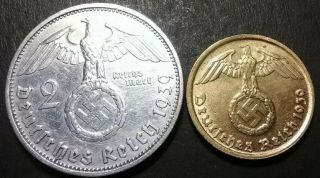 Silver Ww2 Germany 2 Reichsmark & Brass 5 Pfennig Third Reich Nazi Coins B173