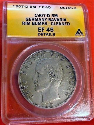 . 900 Silver 1907 D German States Bavaria 5 Marks Km 915 Anacs Ef 45 Details
