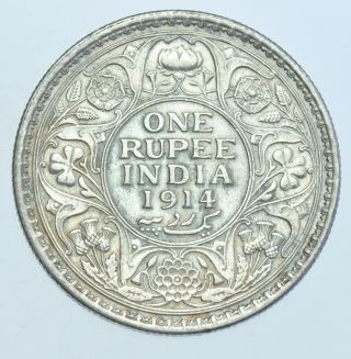 India British George V Rupee,  1914 Calcutta Silver Coin Au