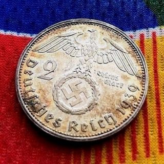 1939 A Unc 2 Mark Wwii German Silver Coin 3rd Reich Swastika Reichsmark Coin 5