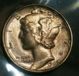 Uncirculated 1945 Philadelphia Silver Mercury Dime - Coin In Picture.