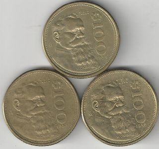 3 Different 100 Peso Coins From Mexico (1984,  1985 & 1986)