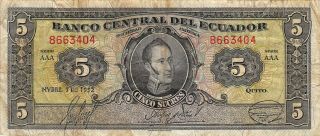 Ecuador 5 Sucres 11.  7.  1952 P 98a Series Aaa Circulated Banknote Ml1