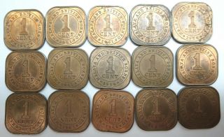 15 British Malaya,  Borneo 1 One Cent Copper Coins 1956 1957 1958 1961 Unc & Aunc