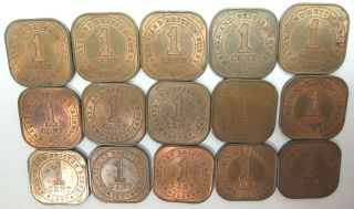 15 British Malaya,  Borneo 1 one cent copper coins 1956 1957 1958 1961 UNC & AUNC 3