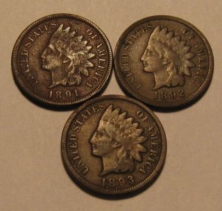 1891 1892 1893 Indian Head Cent Penny - Mixed - 44sa