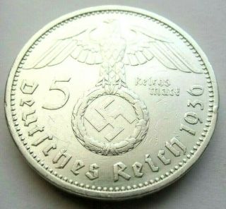 (610) Rare Wwii German 5 Mark - 1936 A - 90 Silver - Coin Big Swastika
