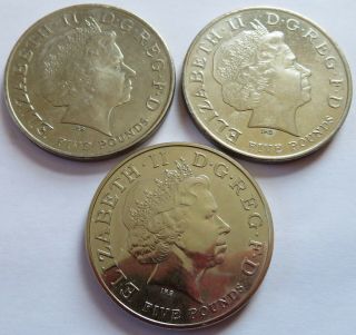 3 Britain 2008 Five Pounds Coins,  Charles Prince Of Wales Uk British (221133l)