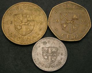 Ghana 10,  50 Pesewas & 1 Cedi 1979 - 3 Coins.  - 2711
