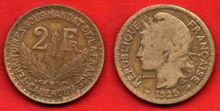 Cameroon Cameroun : 2 Francs 1925 French Colonial Coin Key Date Rare Km 3