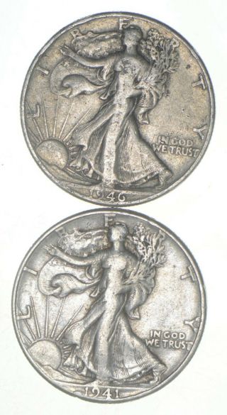 (2) 1941 & 1946 Walking Liberty Half Dollars 90 Silver $1.  00 Face 037