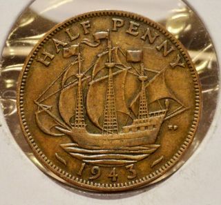 1943 Half Penny,  United Kingdom,  George Vi (25.  5 Mm,  Bronze)