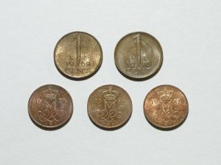 Denmark 5 Ore 1978,  1981,  1982,  And Netherlands 1 Cent Coins 1969,  1970