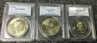Pcgs 3 Coin Dollar Set With 2 Ike Reverses Eagle Landing & Bicentennial,  Sba$