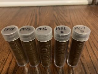 1944 - 1957d Wheat Penny Rolls.  5 Rolls 250 Coins Total 2