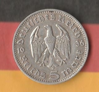 1936d German 5 Mark - 90 Silver - Silver Nazi Coin