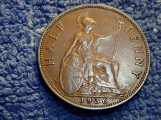 England:1936 Scarce Large Half Penny Extremely Fine Last Of Year King George V