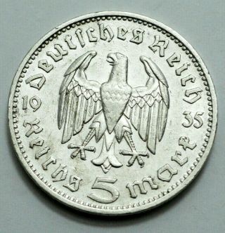 1935 - J German 5 Mark Reichsmark Silver Coin Eagle Hindenburg Third Reich Ww2