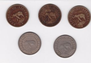 1937,  1941 2 Cent Coins Republic Of Liberia Set Of 5
