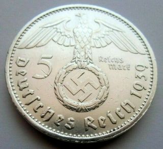(481) Rare Wwii German 5 Mark - 1939 E - 90 Silver - Coin Big Swastika
