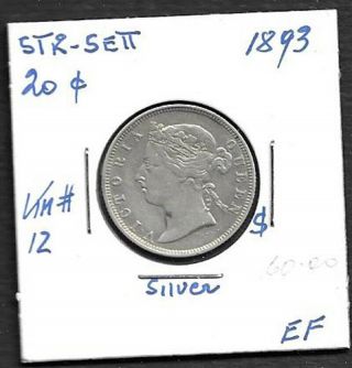 1893 Straits Settlements Silver 20 Cent Coin - Book Value $60