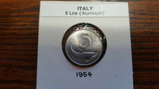 Italy 5 Lire 1954 - R Brilliant Uncirculated Aluminum Coin - Dolphin