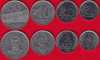 Paraguay Set Of 4 Coins: 1 - 50 Guaranies 1986 - 1988