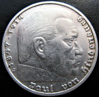 Rare 90 Silver 1936j Hindenburg 5 Mark German Nazi Eagle Germany 3rd Reich Coin