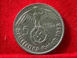 German Nazi Silver Coin 1938 D 5 Reichsmark.  900 Silver Big Swastika