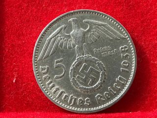 German Nazi Silver Coin 1938 J 5 Reichsmark.  900 Silver Big Swastika