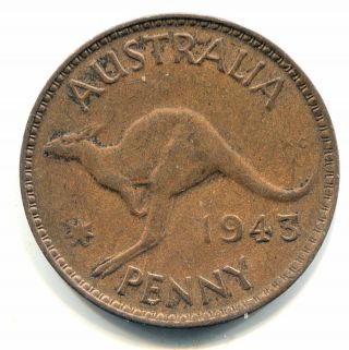 Australia 1943 Large One Penny Kangaroo Coin - King George Vi