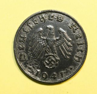 Germany 10 Reichspfennig 1941 - B Very Fine / Extremely Fine Zinc Coin - Swastika