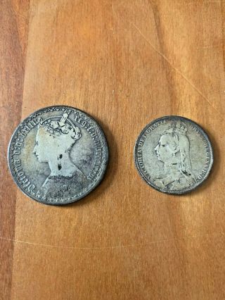 Set Of 2 Great Britain Victoria Silver Coins - 1876 1/10 Pound & 1890 Shilling