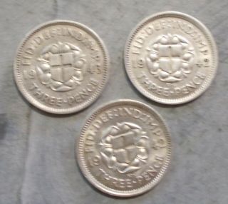 3 Silver British Threepence 5,  1942 X 2 And 1943