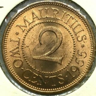Mauritius 1955 2c Two Cents Coin Queen Elizabeth In Bu.  Km 32