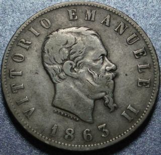 1863 Early Kingdom Of Italy 2nd Type Silver 2 Lira Naples Vittorio Emanuele