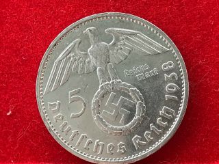 German Nazi Silver Coin 1938 G 5 Reichsmark.  900 Silver Big Swastika