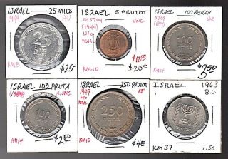6 Israel Coins 1949 25 Mils; Prutot/pruta 1949 - 1954; Lira 1963; Ef To Unc.  $3s&h