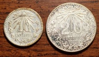 1919 Mo Silver Mexico Un 10 & 20 Centavos Coins - Mexico City
