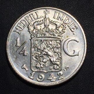 Old Foreign World Coin: 1942 - S Netherlands East Indies 1/4 Gulden, .  720 Silver