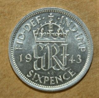 Great Britain 6 Pence 1943 Brilliant Uncirculated Silver Coin - King George Vi