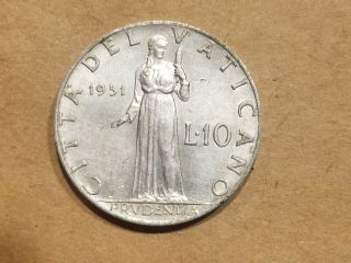 1951 Vatican City 10 Lire Coin Holy See Pope Pius Xii