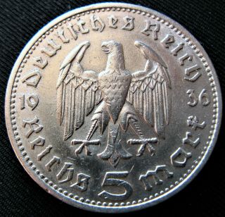 Xrare 90 Silver 1936 Berlin Hindenburg 5 Mark German Nazi Eagle Germany Ww Coin