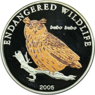 2005 Mongolia Eurasian Owl Bubo Bubo 500 Togrog 25g.  925 Silver Colored Coin