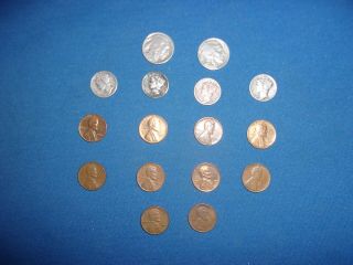 16 Rare Old Coins 4 Liberty Dimes & 10 Wheat Back Pennies 2 Buff.  Nickels
