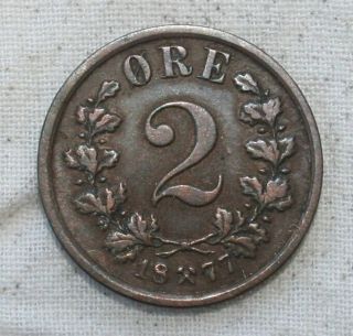 1877 Norway 2 Ore Bronze Coin Xf