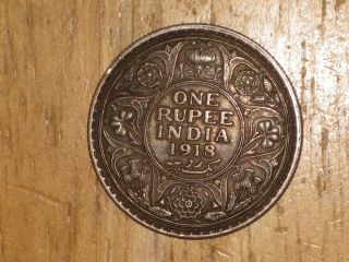 British India 1918 Silver Rupee Coin Grade George V