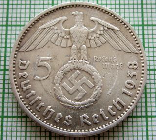 Germany Third Reich 1938 A 5 Reichsmark Hindenburg Swastika Silver Scratches